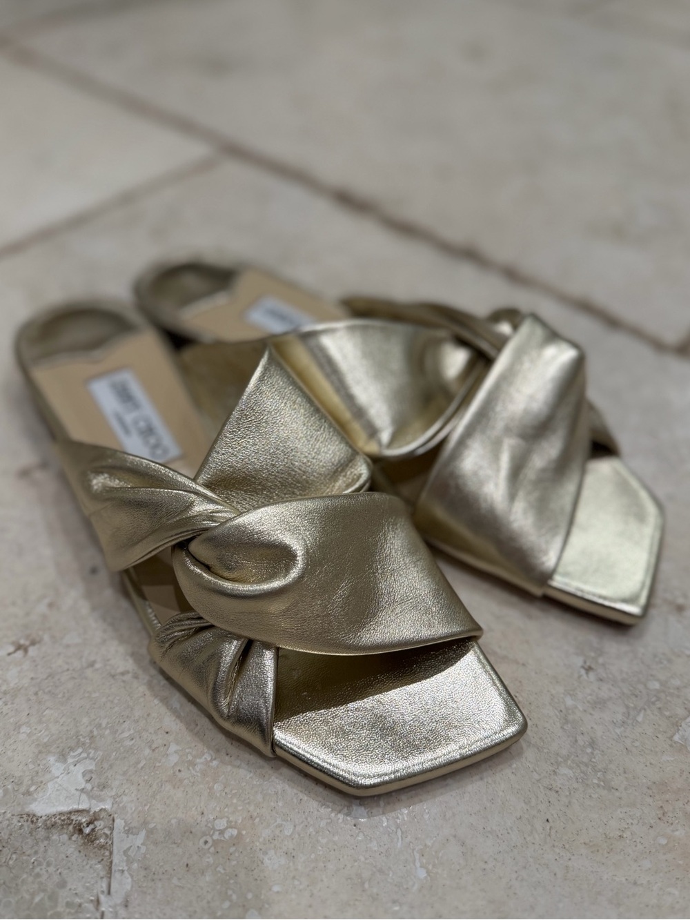 Jimmy Choo Metallic Gold Knot Slide Sandals